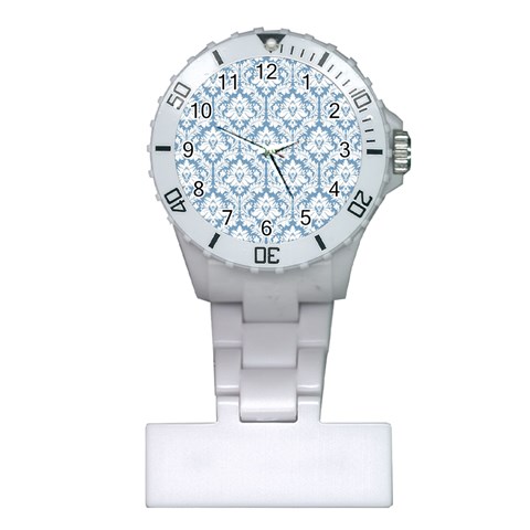 White On Light Blue Damask Nurses Watch from ArtsNow.com Front