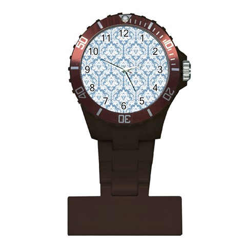 White On Light Blue Damask Nurses Watch from ArtsNow.com Front