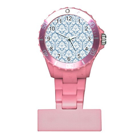 White On Light Blue Damask Nurses Watch from ArtsNow.com Front