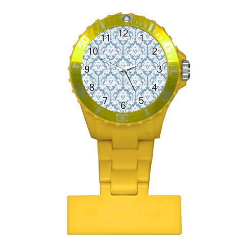 White On Light Blue Damask Nurses Watch from ArtsNow.com Front