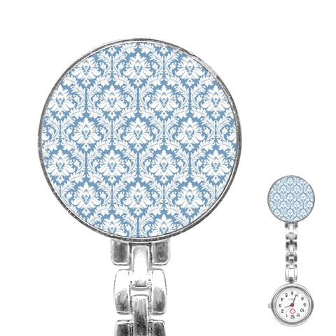 White On Light Blue Damask Stainless Steel Nurses Watch from ArtsNow.com Front