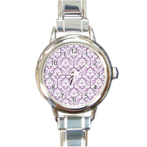 White On Lilac Damask Round Italian Charm Watch from ArtsNow.com Front