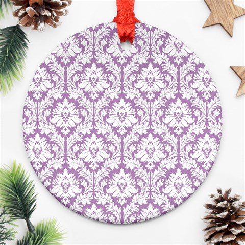 White On Lilac Damask Round Ornament from ArtsNow.com Front