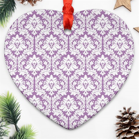 White On Lilac Damask Heart Ornament from ArtsNow.com Front