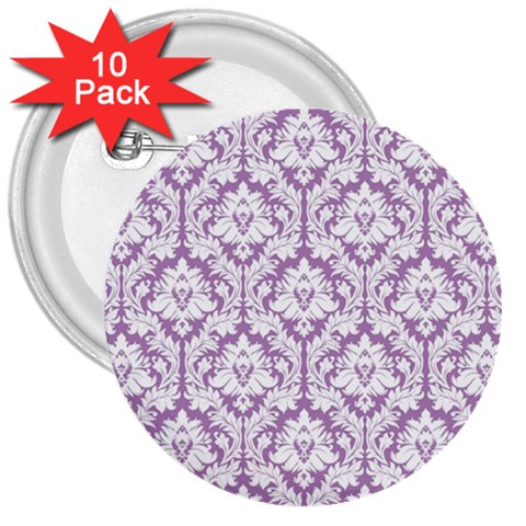 White On Lilac Damask 3  Button (10 pack) from ArtsNow.com Front