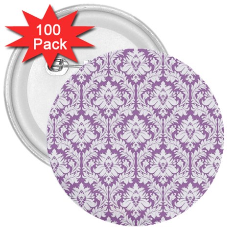 White On Lilac Damask 3  Button (100 pack) from ArtsNow.com Front