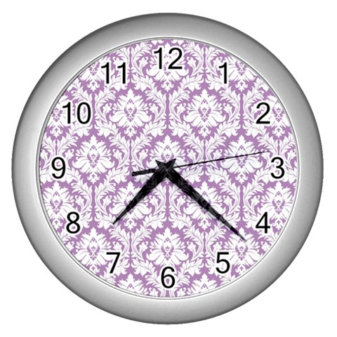 White On Lilac Damask Wall Clock (Silver) from ArtsNow.com Front