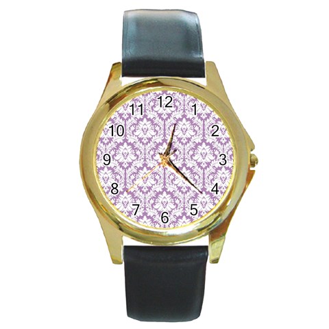 White On Lilac Damask Round Leather Watch (Gold Rim)  from ArtsNow.com Front