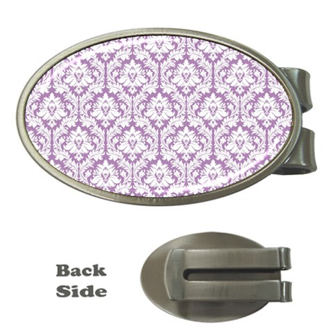 White On Lilac Damask Money Clip (Oval) from ArtsNow.com Front