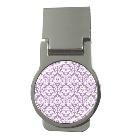 White On Lilac Damask Money Clip (Round) from ArtsNow.com Front