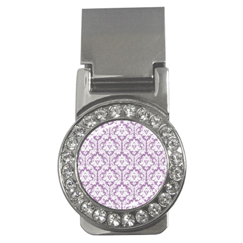 White On Lilac Damask Money Clip (CZ) from ArtsNow.com Front