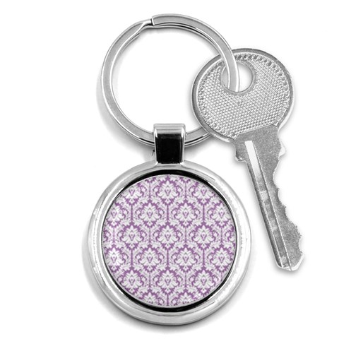 White On Lilac Damask Key Chain (Round) from ArtsNow.com Front