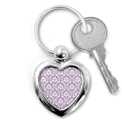 White On Lilac Damask Key Chain (Heart) from ArtsNow.com Front