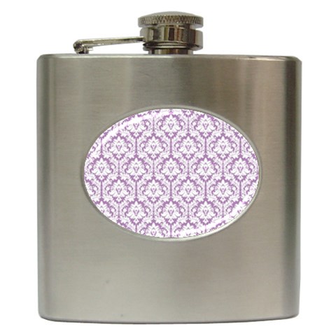 White On Lilac Damask Hip Flask from ArtsNow.com Front