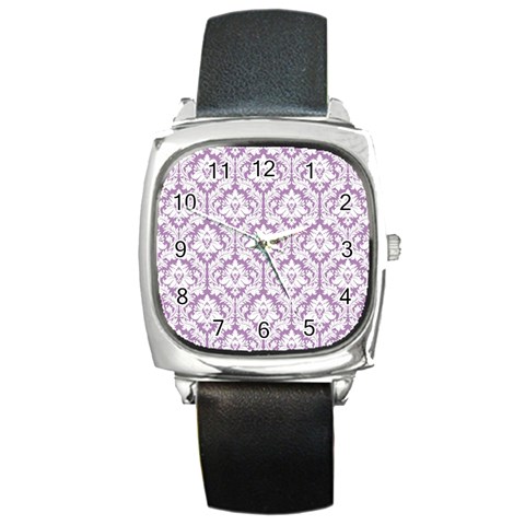 White On Lilac Damask Square Leather Watch from ArtsNow.com Front