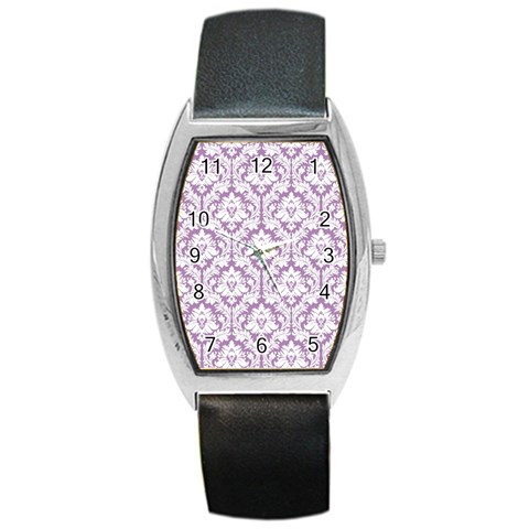 White On Lilac Damask Tonneau Leather Watch from ArtsNow.com Front