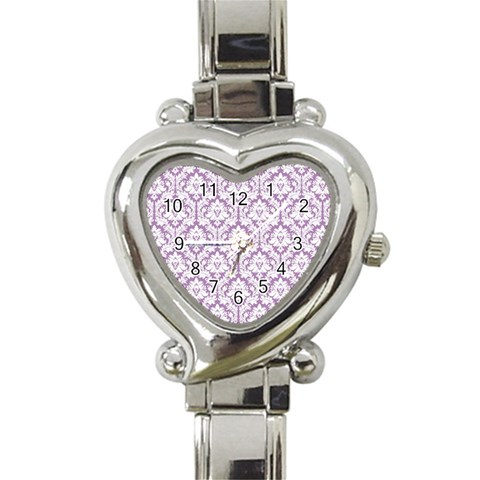 White On Lilac Damask Heart Italian Charm Watch  from ArtsNow.com Front