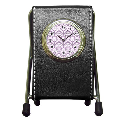 White On Lilac Damask Stationery Holder Clock from ArtsNow.com Front