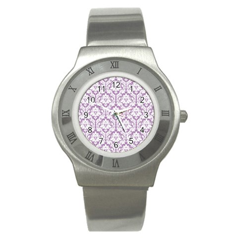 White On Lilac Damask Stainless Steel Watch (Slim) from ArtsNow.com Front