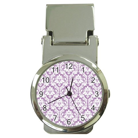 White On Lilac Damask Money Clip with Watch from ArtsNow.com Front