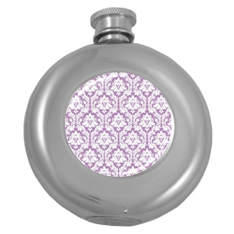 White On Lilac Damask Hip Flask (Round) from ArtsNow.com Front