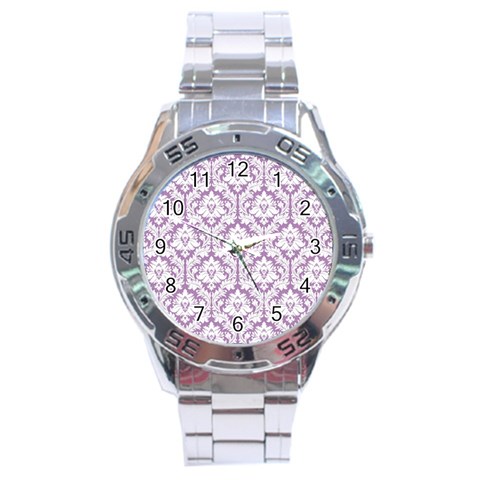 White On Lilac Damask Stainless Steel Watch from ArtsNow.com Front