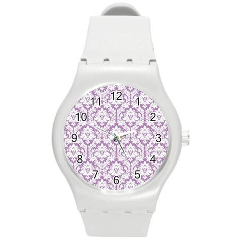 White On Lilac Damask Plastic Sport Watch (Medium) from ArtsNow.com Front