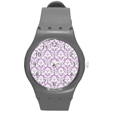 White On Lilac Damask Plastic Sport Watch (Medium) from ArtsNow.com Front