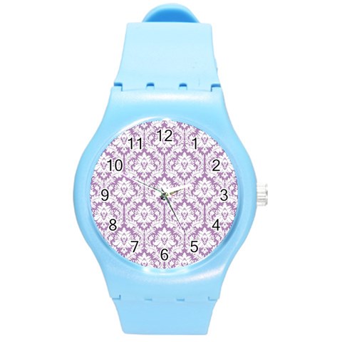 White On Lilac Damask Plastic Sport Watch (Medium) from ArtsNow.com Front