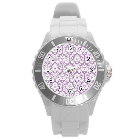 White On Lilac Damask Plastic Sport Watch (Large) from ArtsNow.com Front