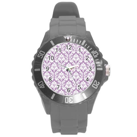 White On Lilac Damask Plastic Sport Watch (Large) from ArtsNow.com Front