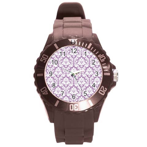 White On Lilac Damask Plastic Sport Watch (Large) from ArtsNow.com Front