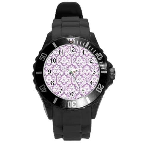 White On Lilac Damask Plastic Sport Watch (Large) from ArtsNow.com Front