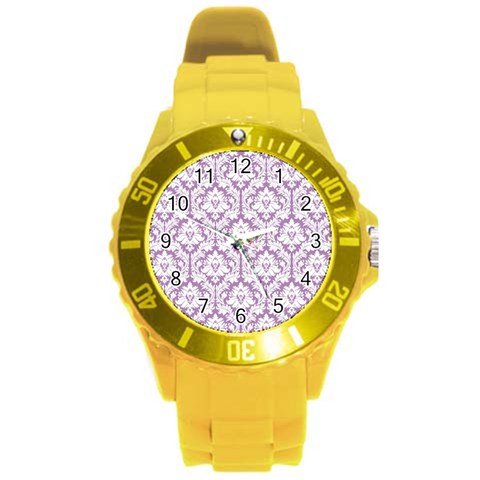 White On Lilac Damask Plastic Sport Watch (Large) from ArtsNow.com Front