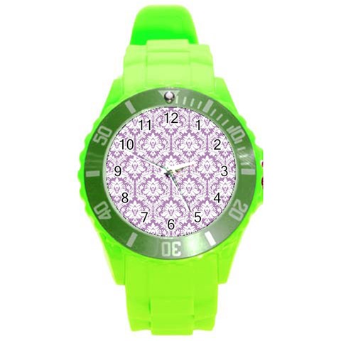 White On Lilac Damask Plastic Sport Watch (Large) from ArtsNow.com Front