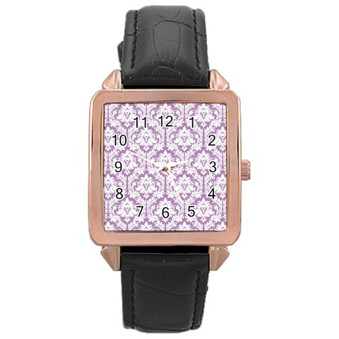 White On Lilac Damask Rose Gold Leather Watch  from ArtsNow.com Front