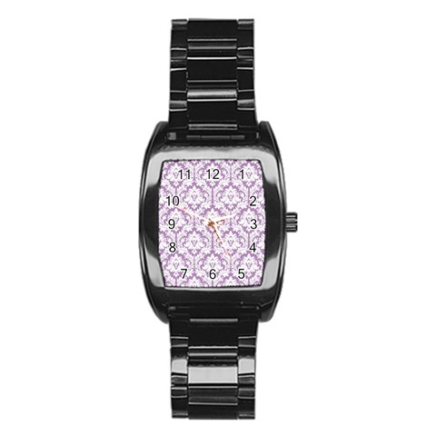 White On Lilac Damask Stainless Steel Barrel Watch from ArtsNow.com Front