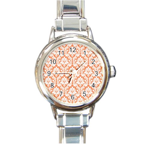 White On Orange Damask Round Italian Charm Watch from ArtsNow.com Front