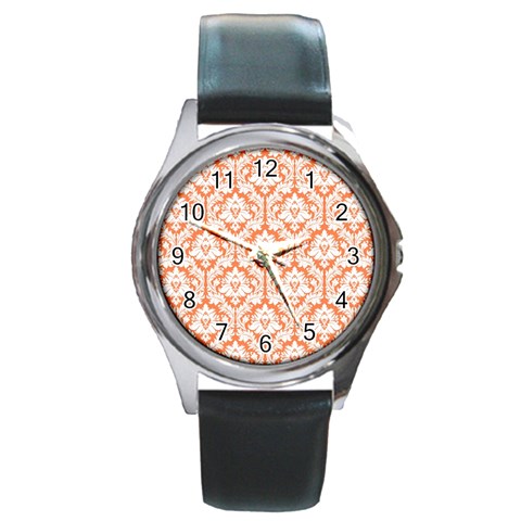 White On Orange Damask Round Leather Watch (Silver Rim) from ArtsNow.com Front