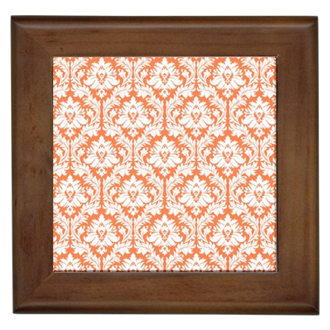 White On Orange Damask Framed Ceramic Tile from ArtsNow.com Front