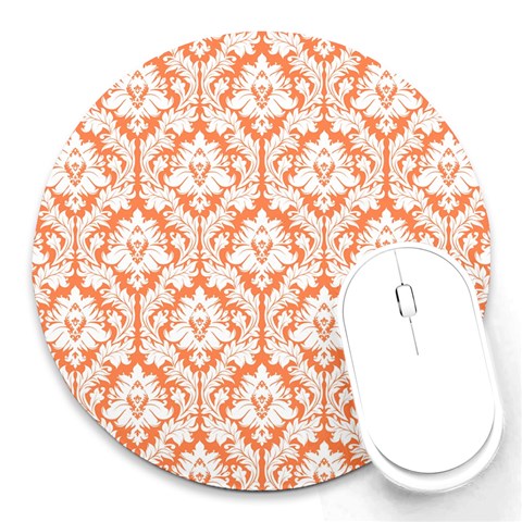 White On Orange Damask 8  Mouse Pad (Round) from ArtsNow.com Front