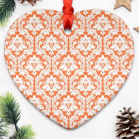 White On Orange Damask Heart Ornament from ArtsNow.com Front