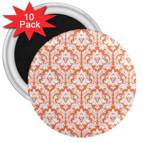 White On Orange Damask 3  Button Magnet (10 pack) from ArtsNow.com Front