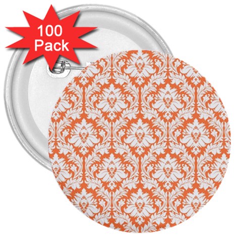 White On Orange Damask 3  Button (100 pack) from ArtsNow.com Front