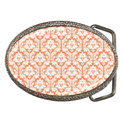 White On Orange Damask Belt Buckle (Oval) from ArtsNow.com Front