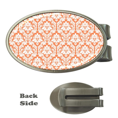 White On Orange Damask Money Clip (Oval) from ArtsNow.com Front