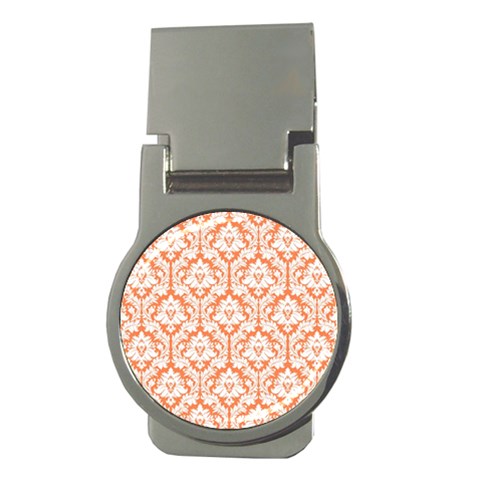 White On Orange Damask Money Clip (Round) from ArtsNow.com Front