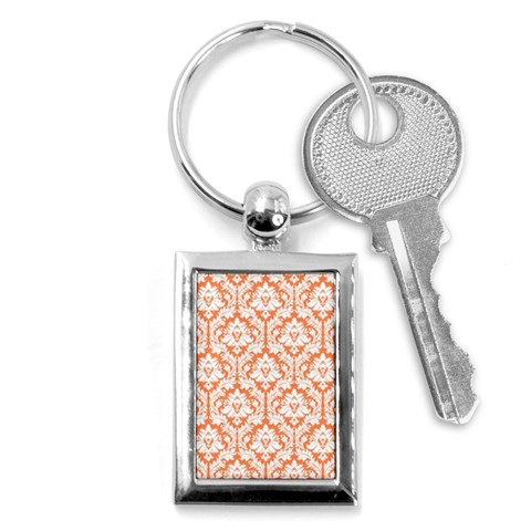 White On Orange Damask Key Chain (Rectangle) from ArtsNow.com Front