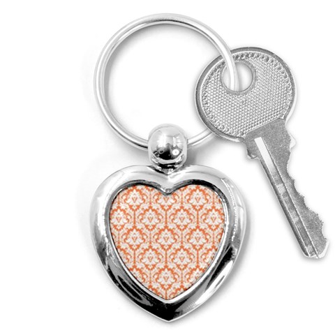 White On Orange Damask Key Chain (Heart) from ArtsNow.com Front