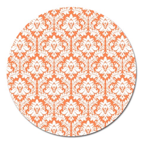 White On Orange Damask Magnet 5  (Round) from ArtsNow.com Front